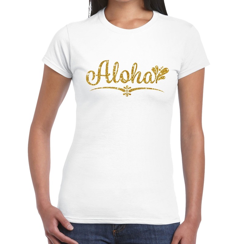 Aloha goud glitter hawaii t-shirt wit dames