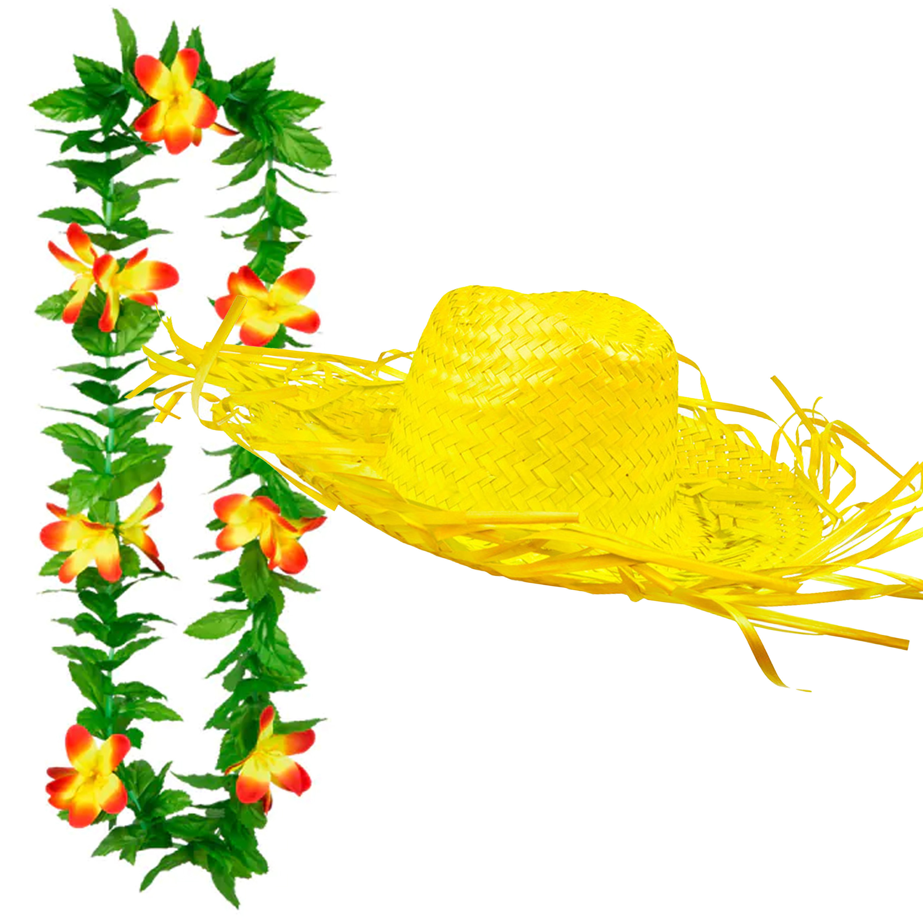 Carnaval verkleed set Tropische Hawaii party stro hoed met bloemenslinger geel