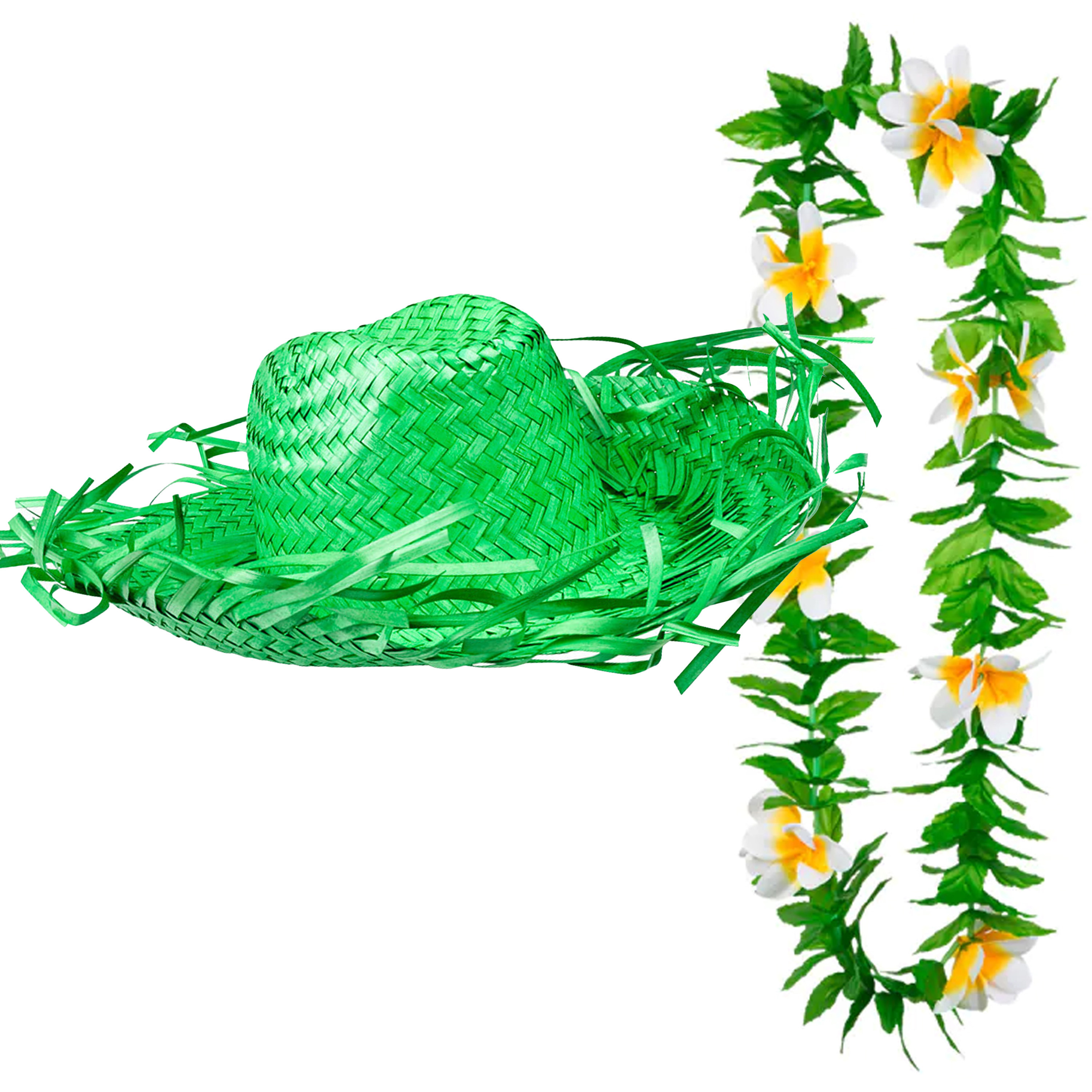 Carnaval verkleed set Tropische Hawaii party stro hoed met bloemenslinger groen