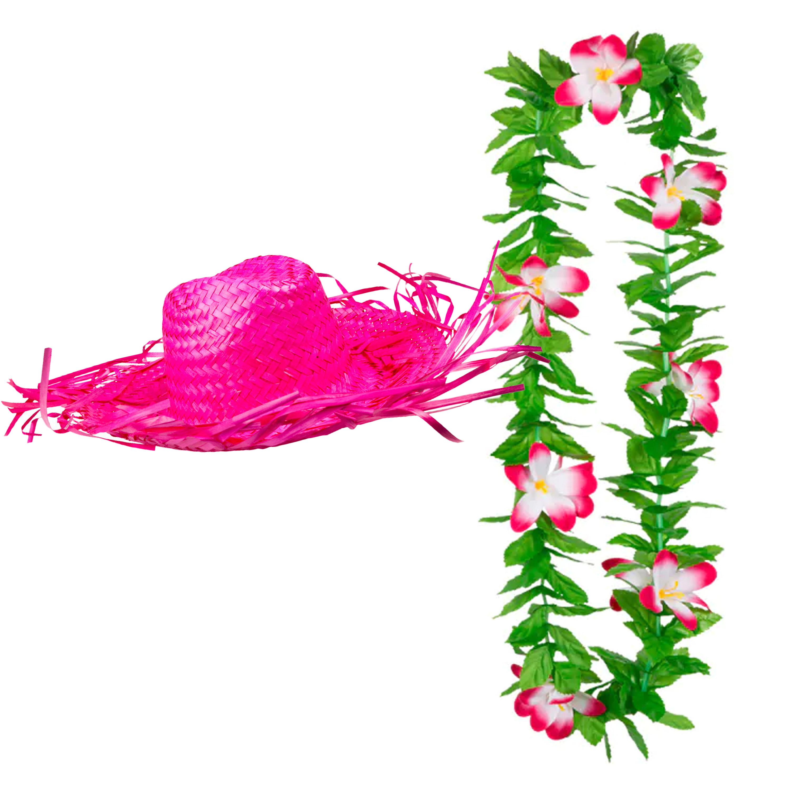 Carnaval verkleed set Tropische Hawaii party stro hoed met bloemenslinger roze