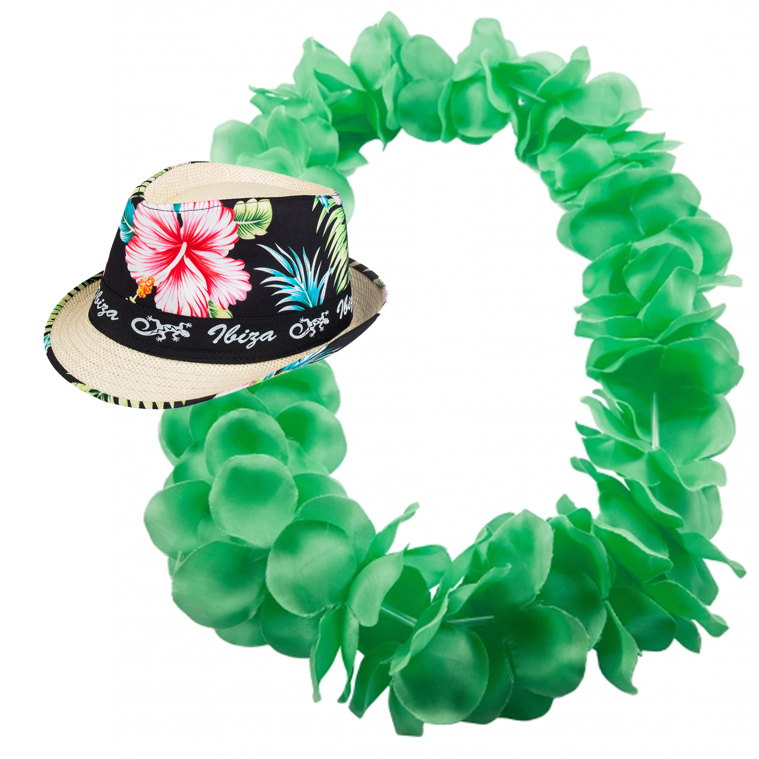 Hawaii thema party verkleedset Trilby strohoedje bloemenkrans fluor groen Tropical toppers