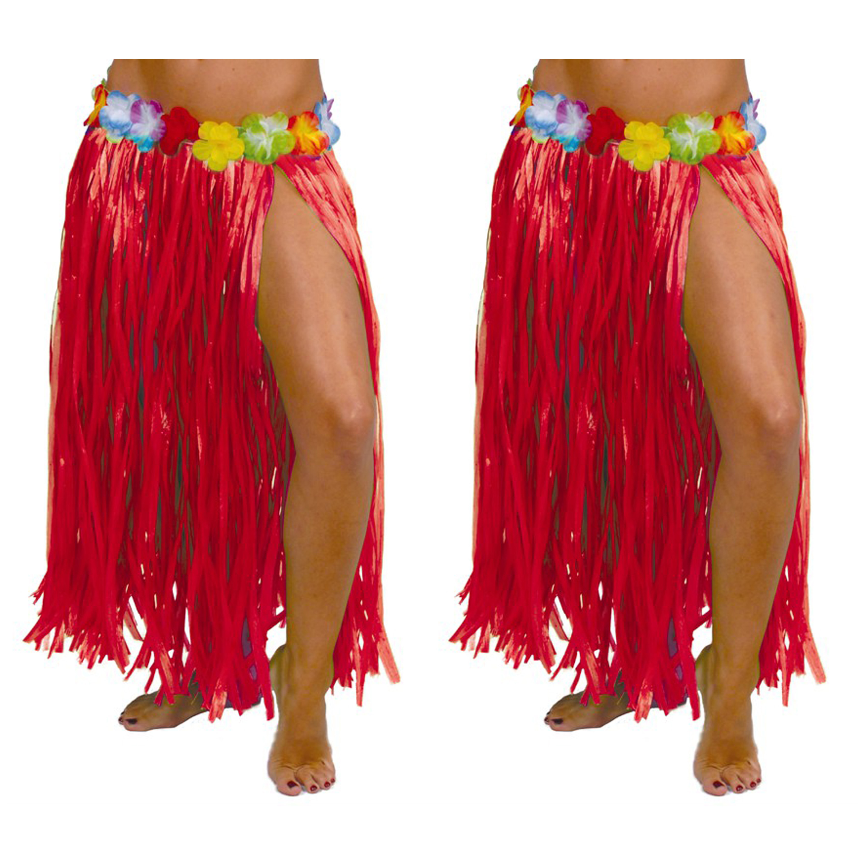 Hawaii verkleed rokje 2x voor volwassenen rood 75 cm rieten hoela rokje tropisch