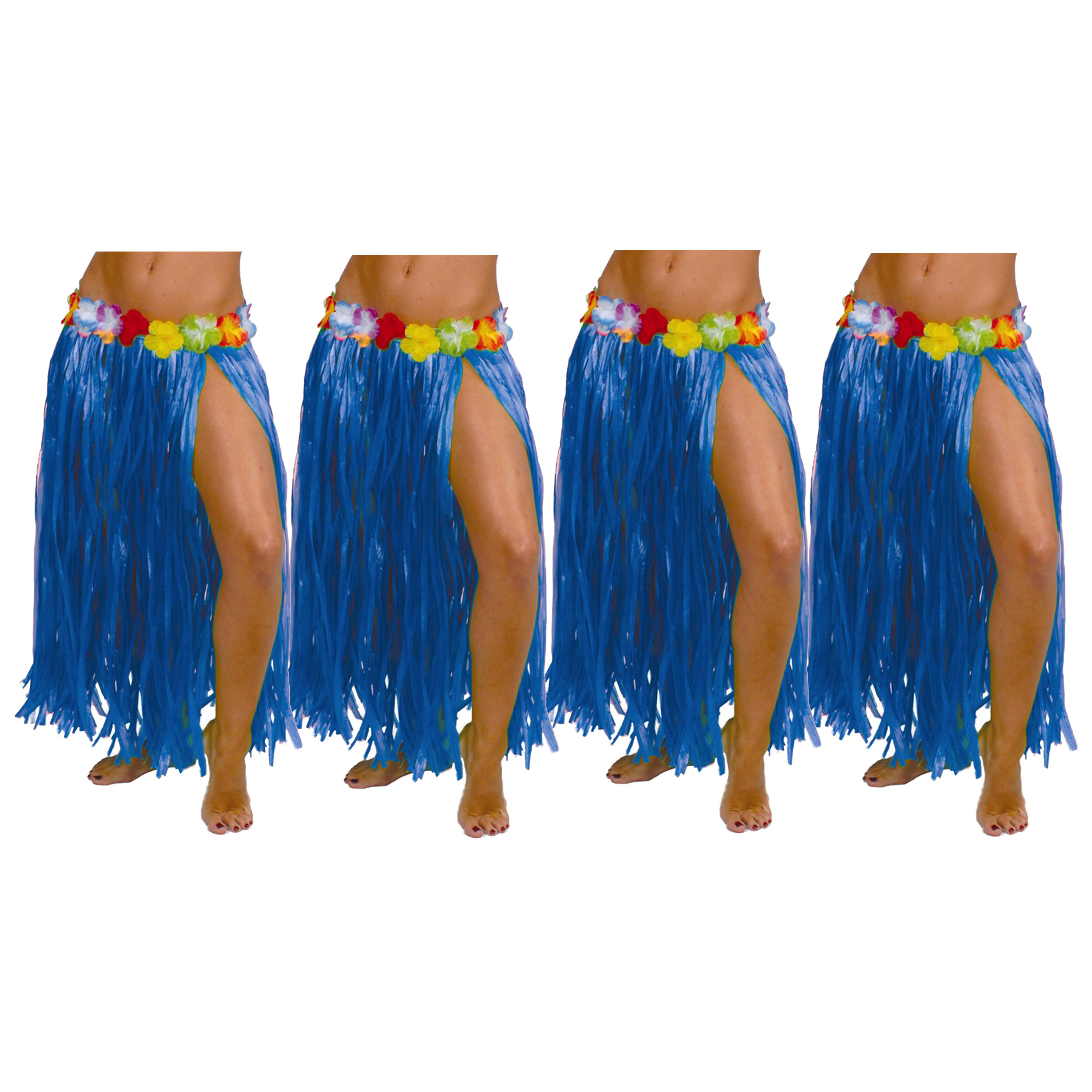 Hawaii verkleed rokje 4x voor volwassenen blauw 75 cm rieten hoela rokje tropisch