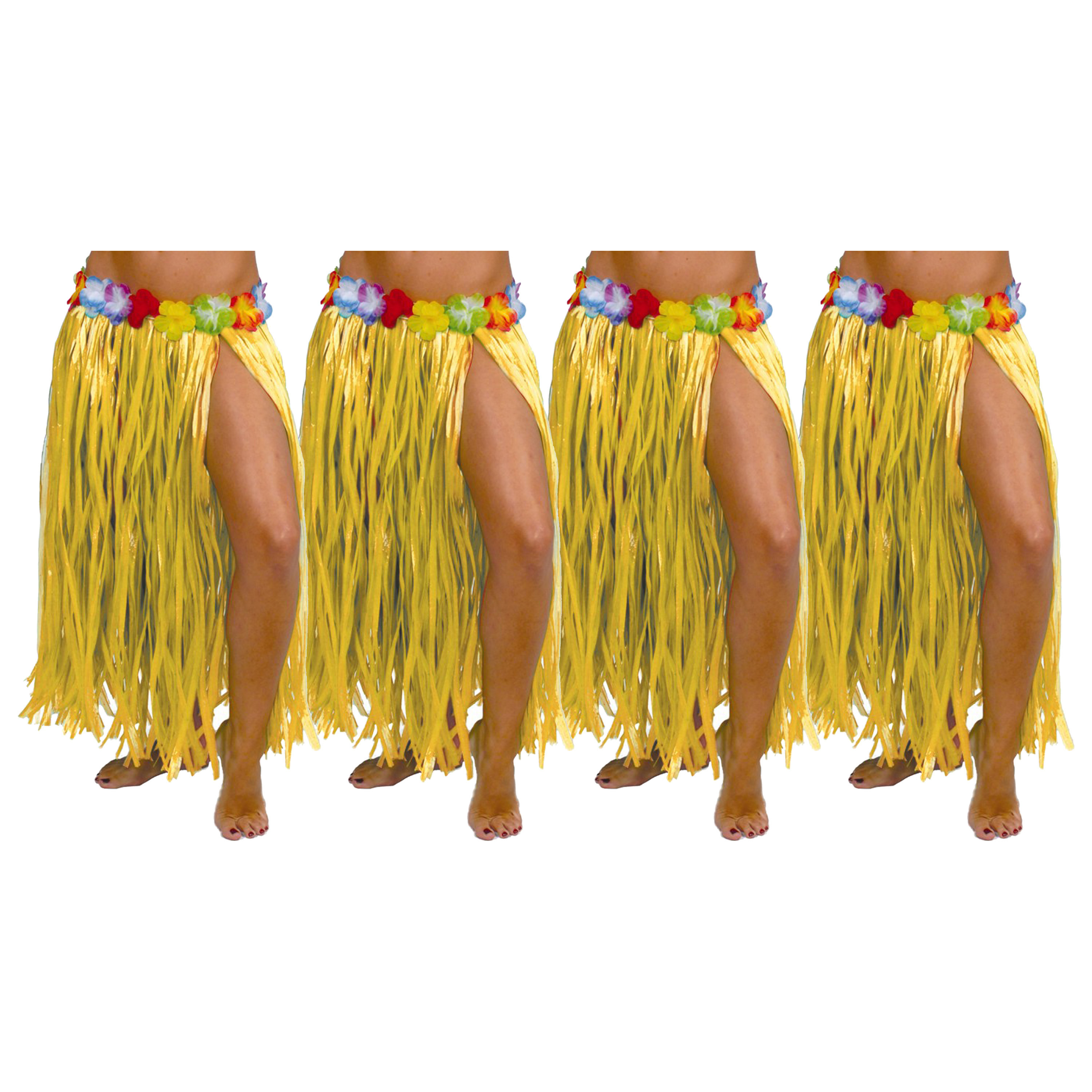 Hawaii verkleed rokje 4x voor volwassenen geel 75 cm rieten hoela rokje tropisch