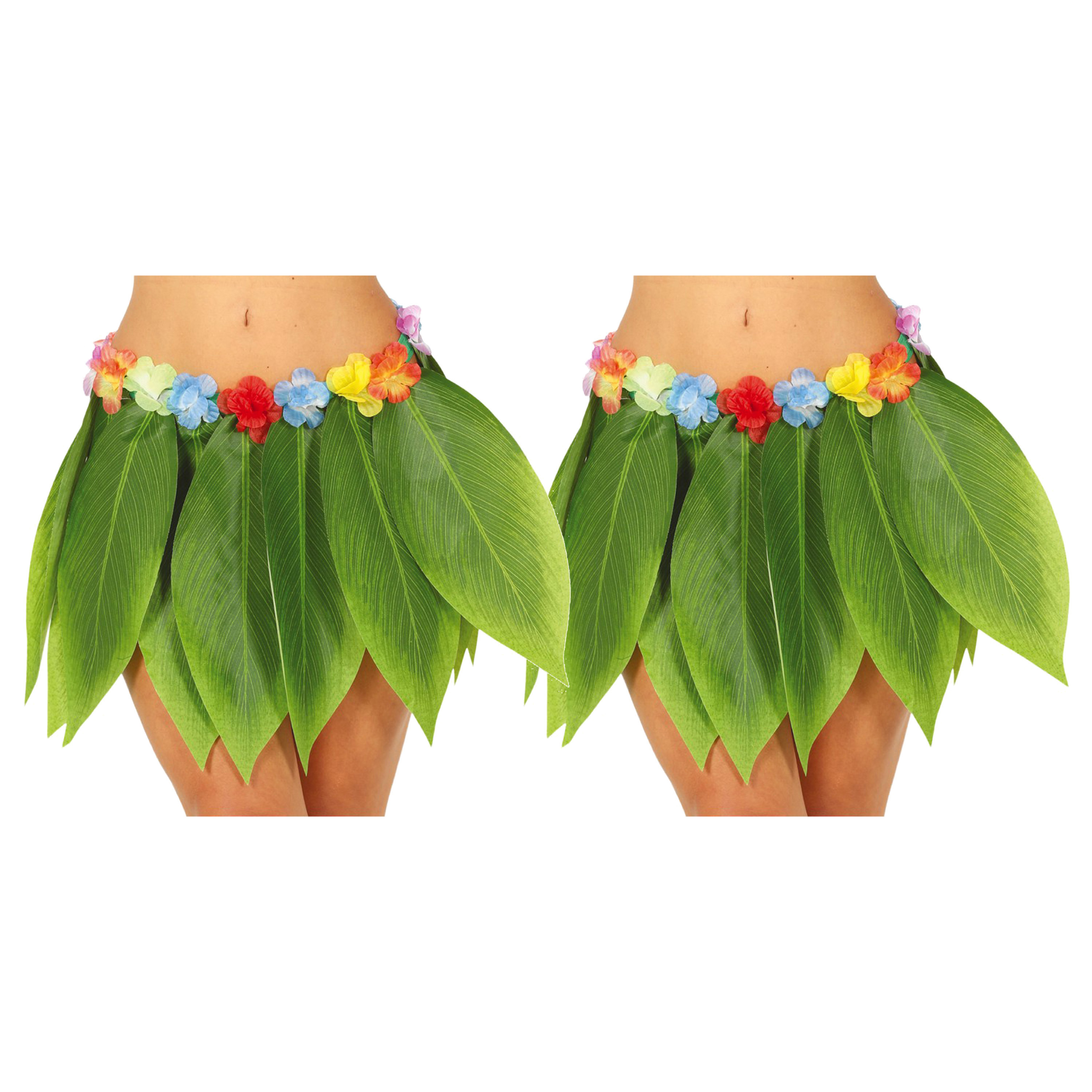 Hawaii verkleed rokje met bladeren 2x voor volwassenen groen 38 cm hoela rokje tropisch