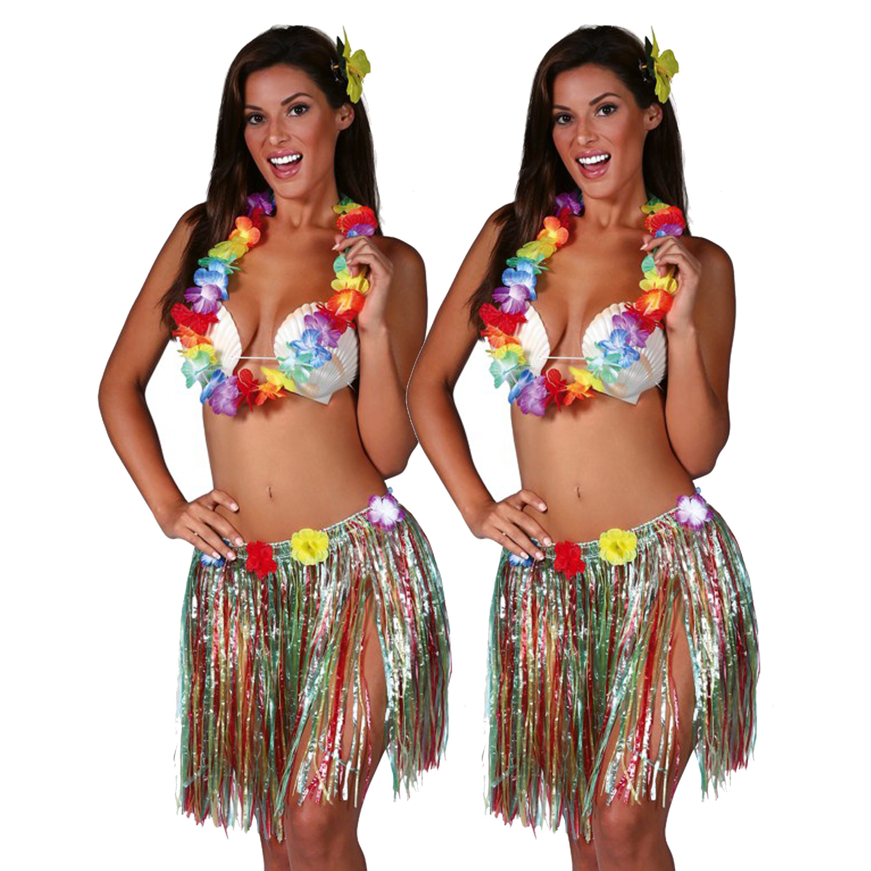 Hawaii verkleed set 2x voor volwassenen multicolour rieten rokje-bloemenkrans-haarclip bloem