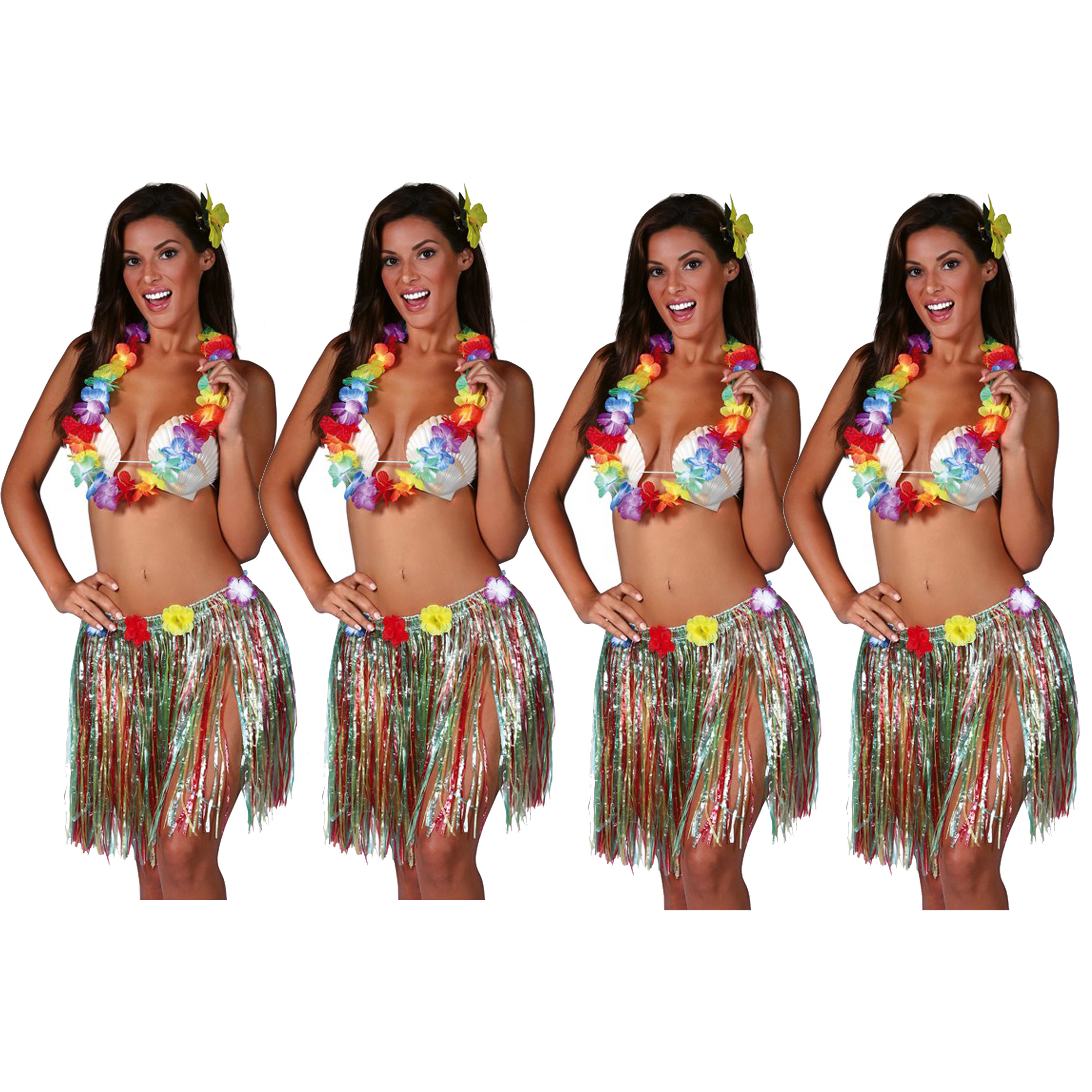 Hawaii verkleed set 4x voor volwassenen multicolour rieten rokje-bloemenkrans-haarclip bloem