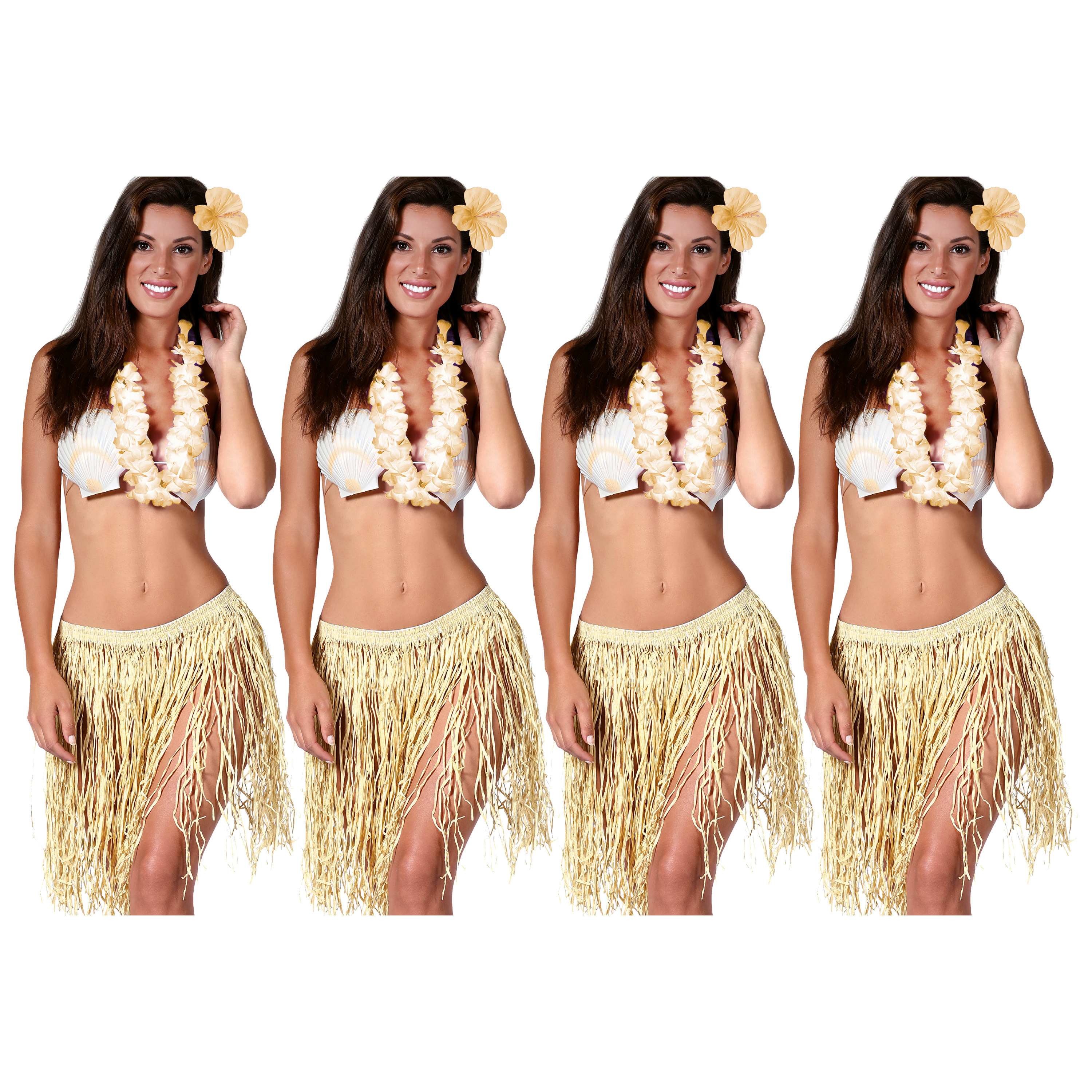 Hawaii verkleed set 4x voor volwassenen naturel rieten rokje-bloemenkrans-haarclip bloem