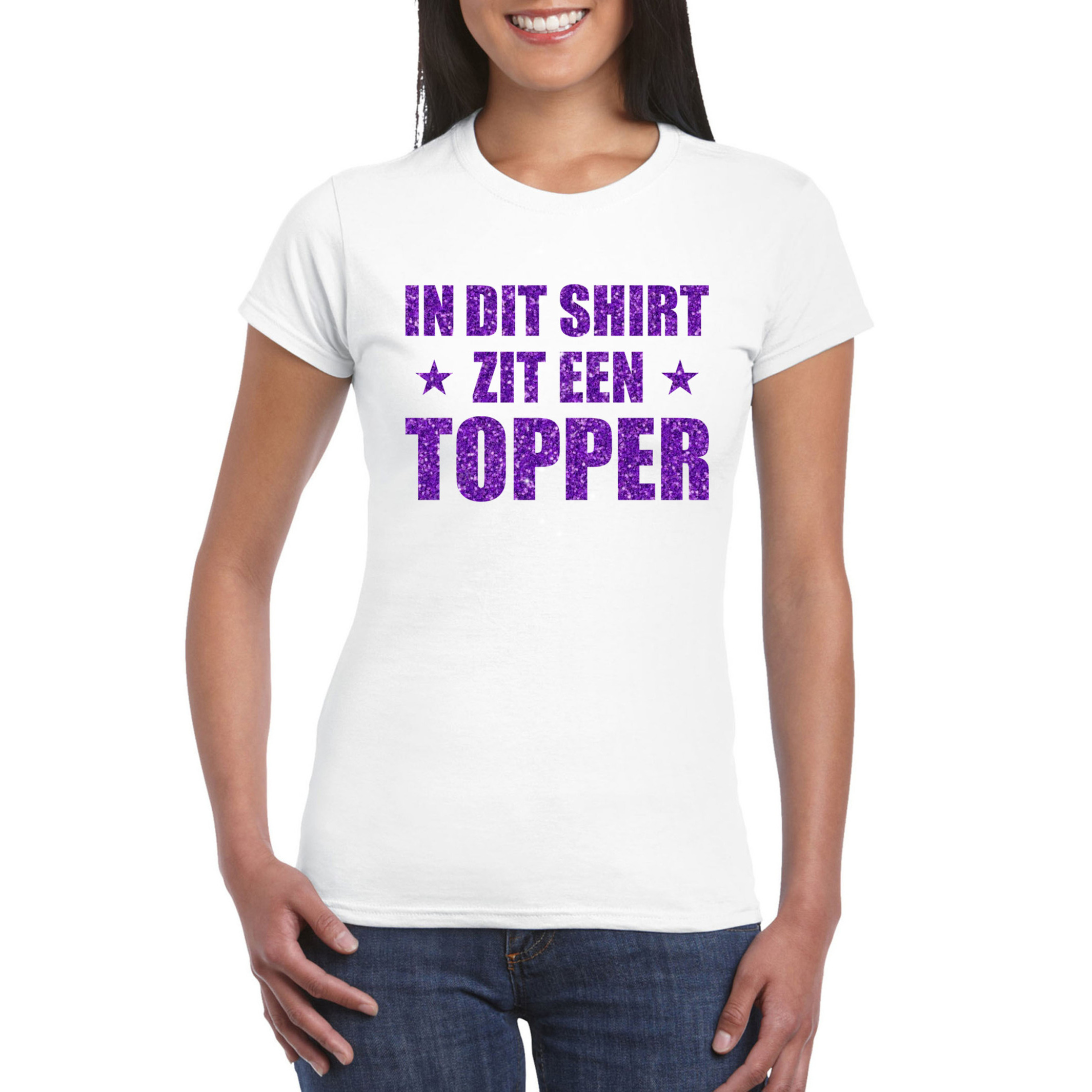 In dit shirt zit een Topper in paarse glitters t-shirt dames wit