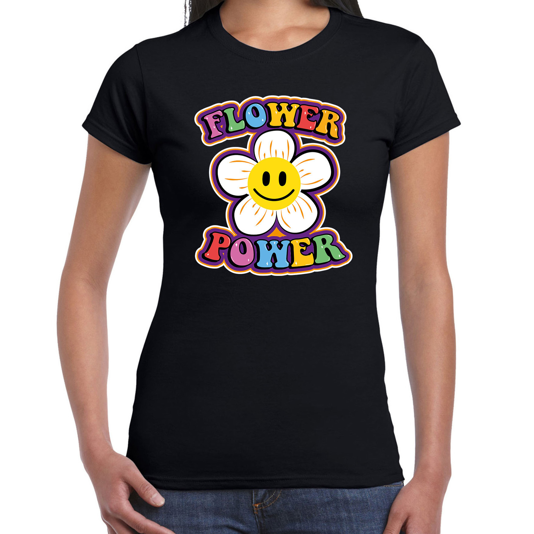 Jaren 60 Flower Power verkleed shirt zwart met emoticon bloem dames