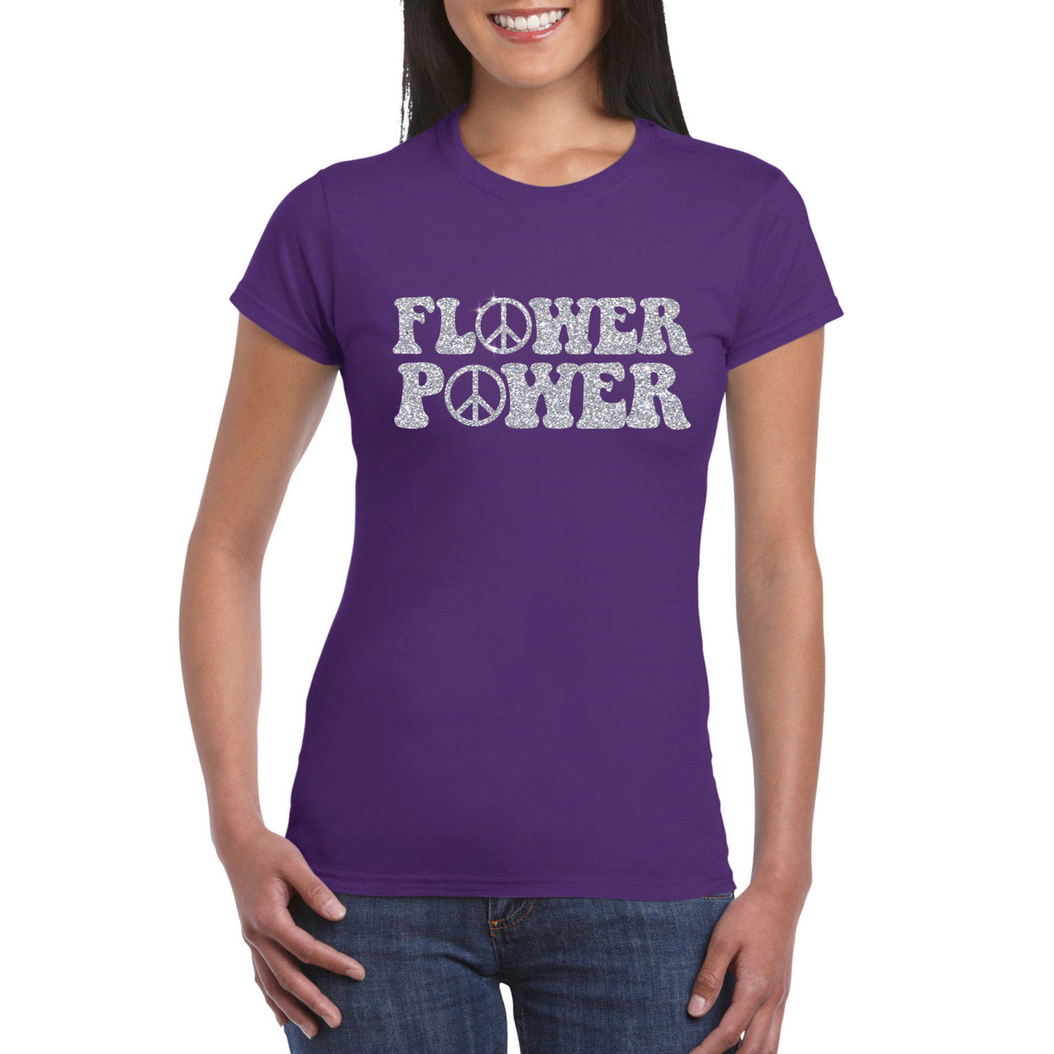 Paars Flower Power t-shirt peace tekens met zilveren letters dames