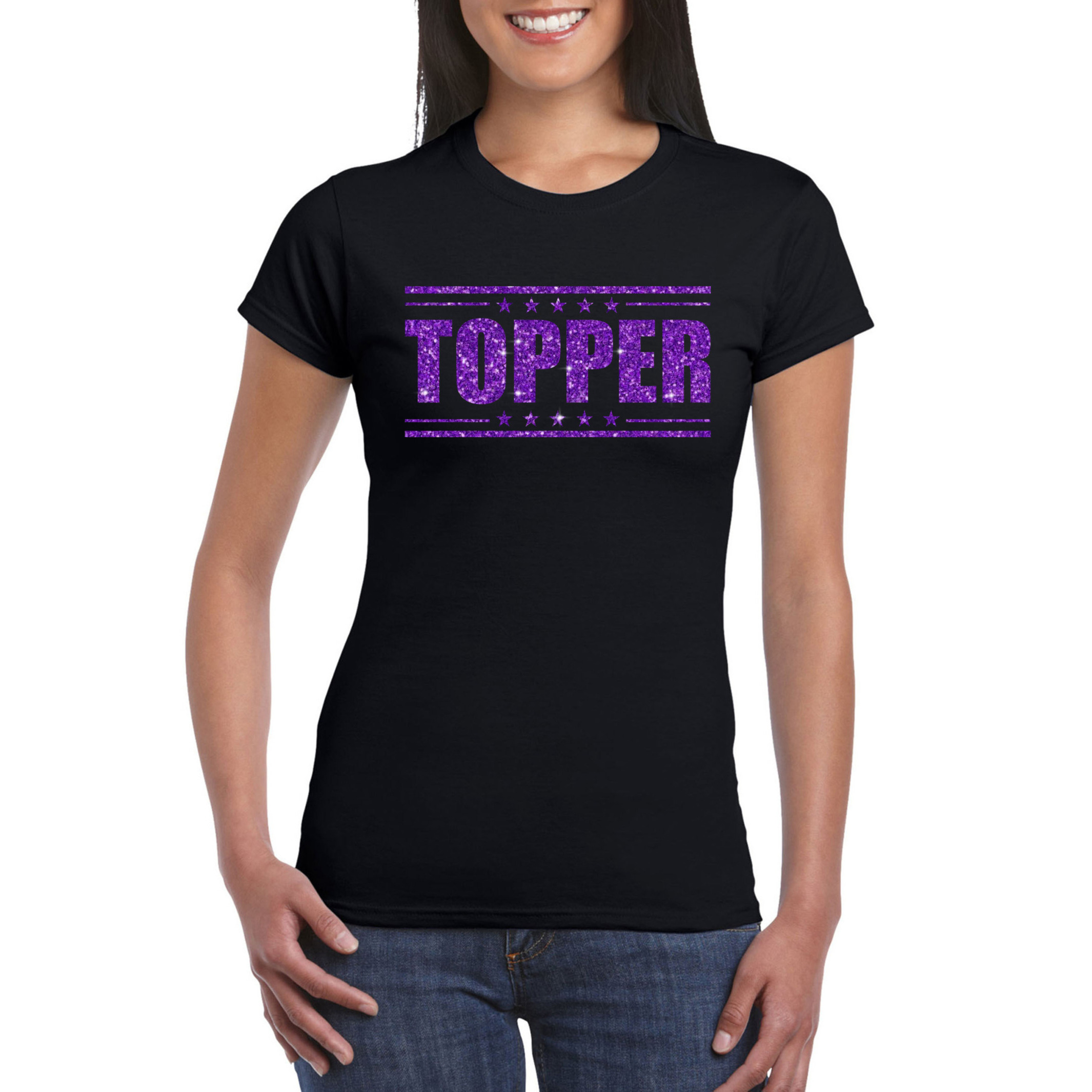 Topper t-shirt zwart met paarse glitters dames