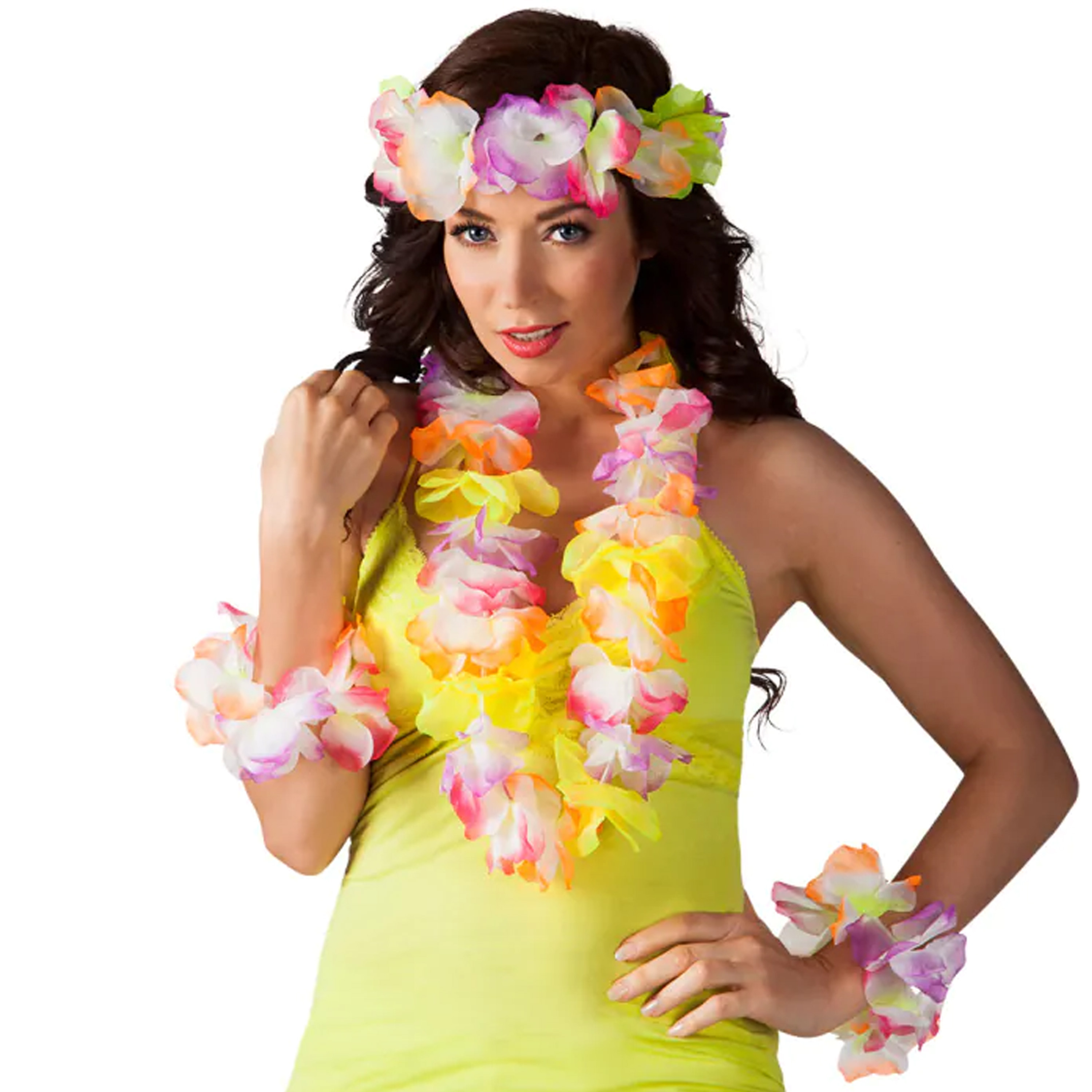 Toppers Hawaii krans-slinger set Tropische-zomerse kleuren mix geel Hoofd en hals slingers