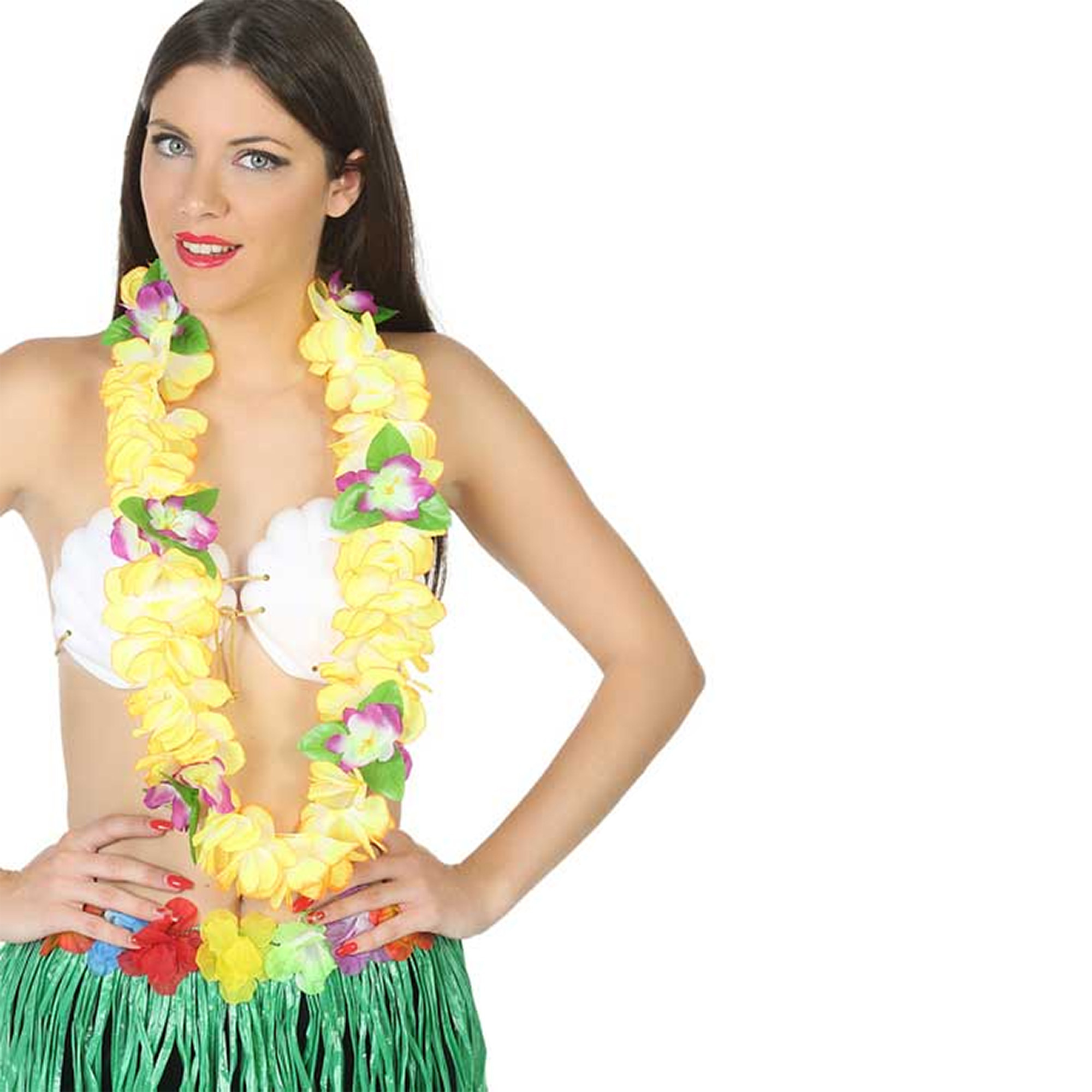 Toppers Hawaii krans-slinger Tropische kleuren geel Grote bloemen hals slingers verkleed accessoires