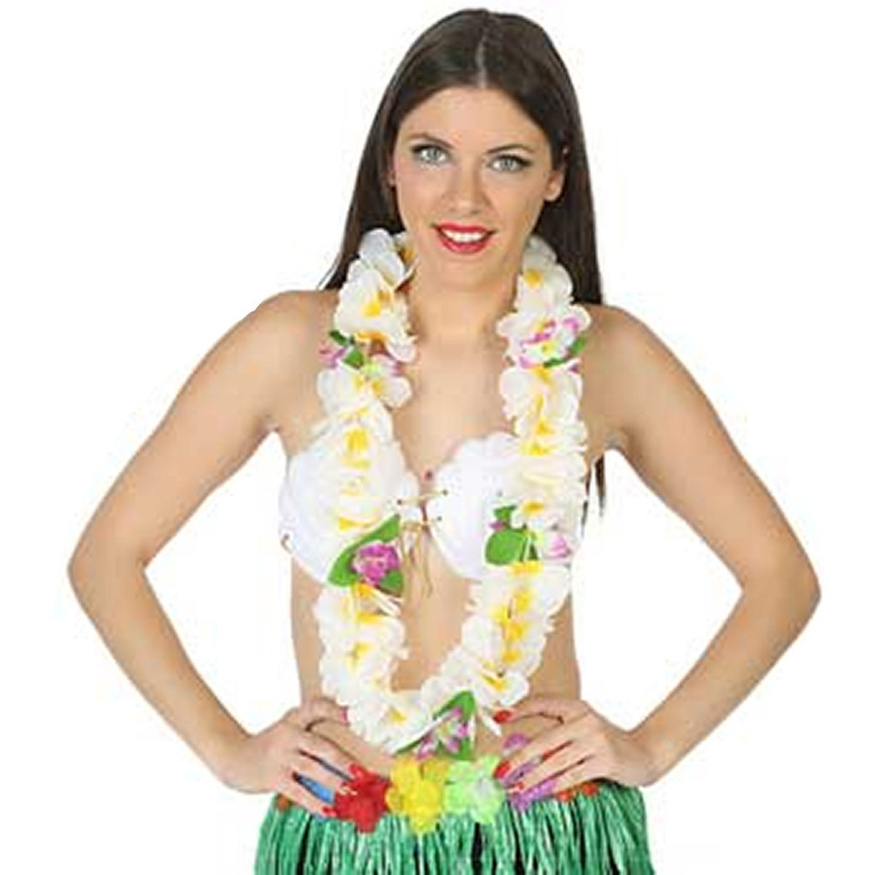 Toppers Hawaii krans-slinger Tropische kleuren wit Grote bloemen hals slingers verkleed accessoires