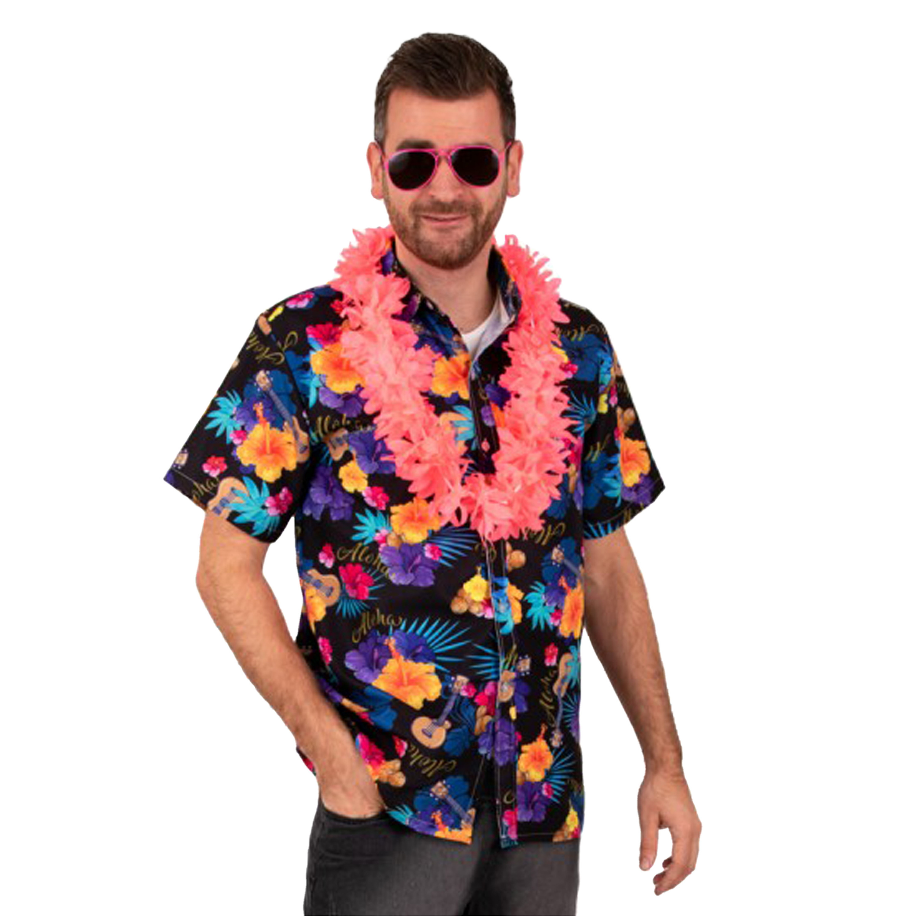 Toppers Hawaii shirt-blouse Verkleedkleding Heren Tropische bloemen zwart