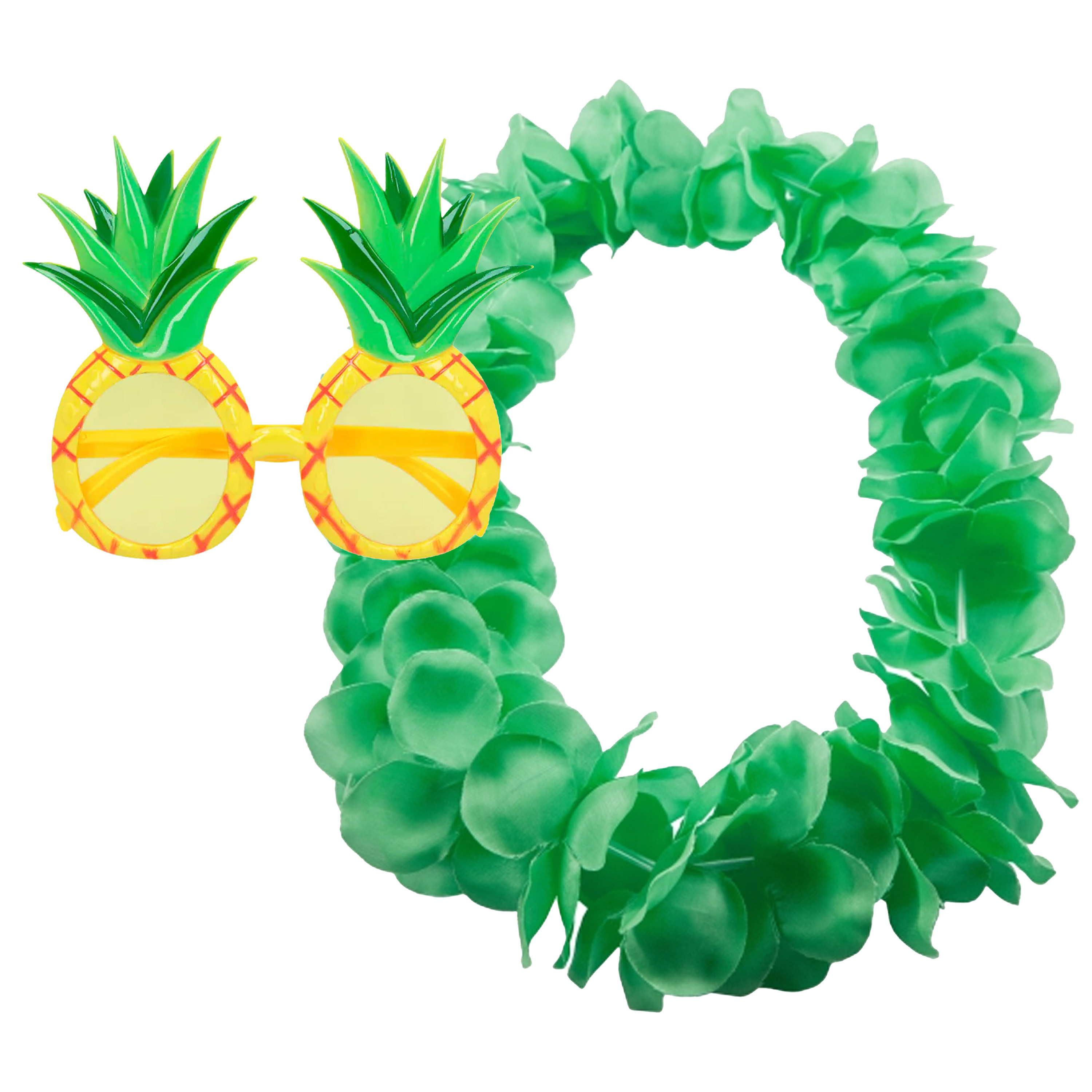 Tropische Hawaii party verkleed accessoires set Ananas zonnebril bloemenkrans fluor groen