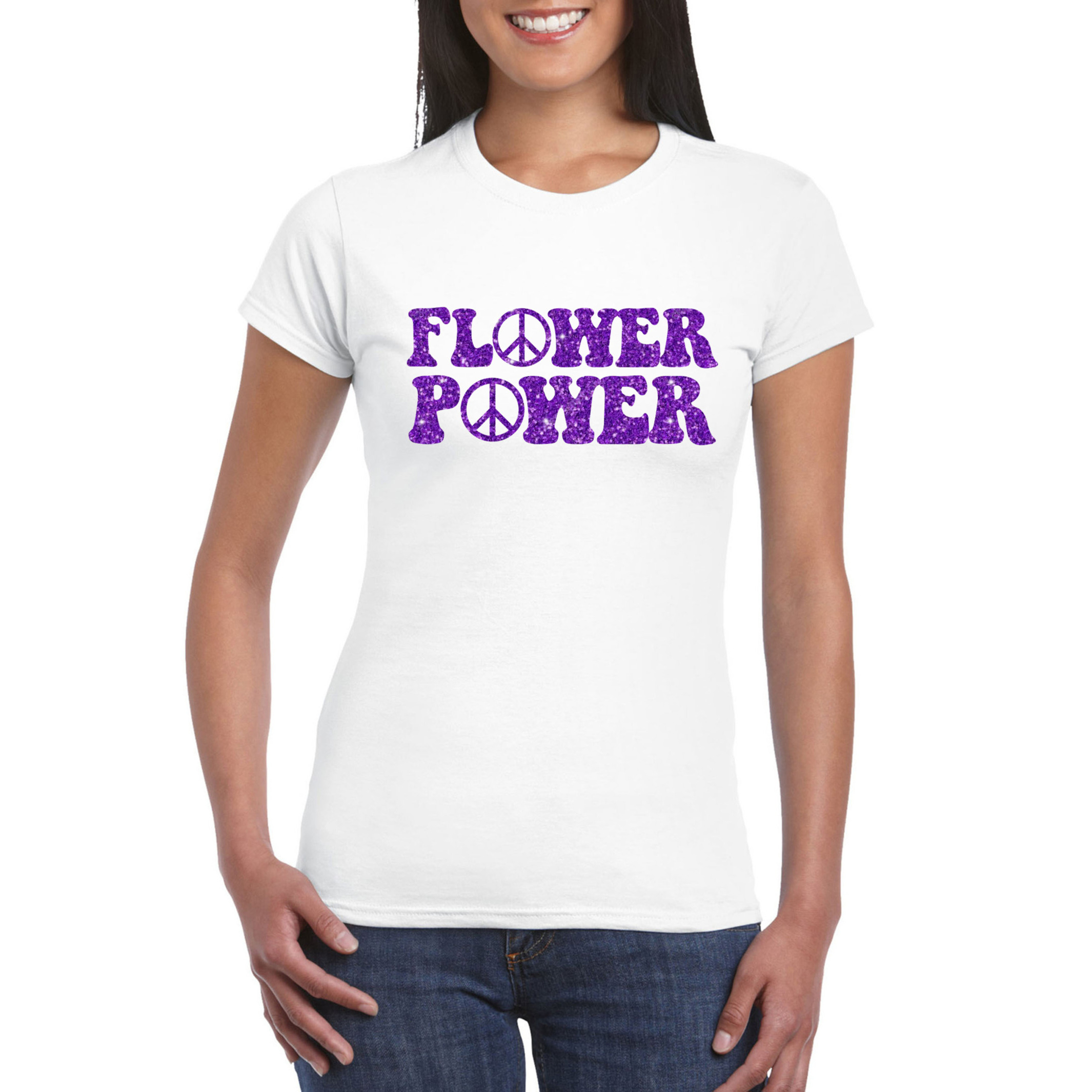 Wit Flower Power t-shirt peace tekens met paarse letters dames