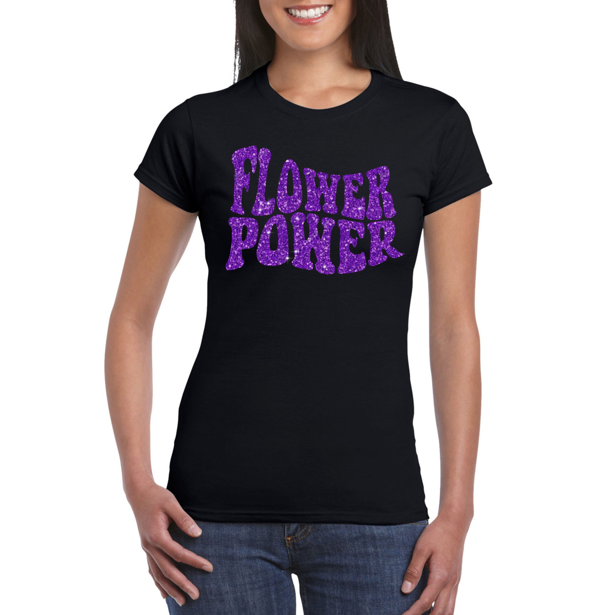 Zwart Flower Power t-shirt met paarse letters dames