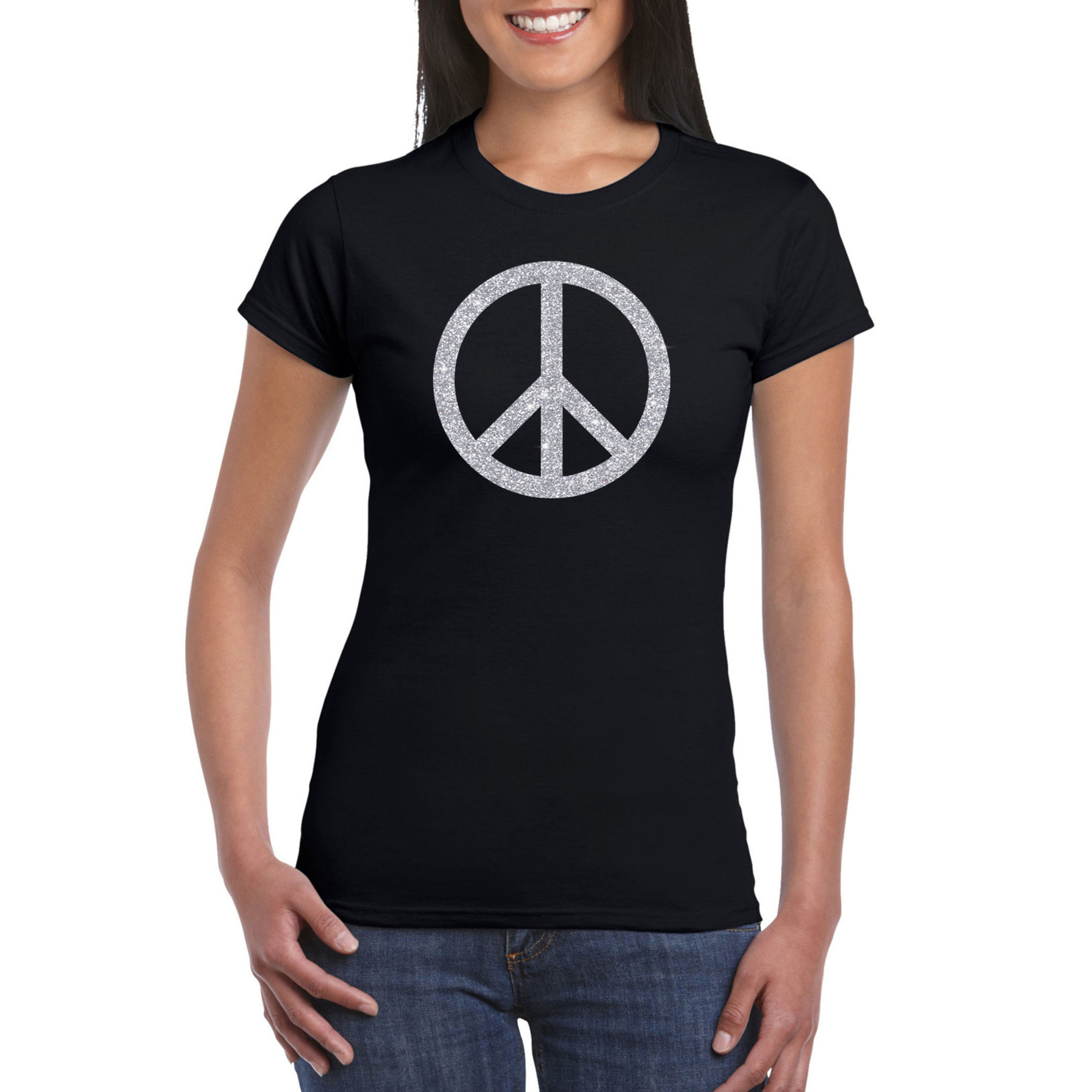 Zwart Flower Power t-shirt zilveren glitter peace teken dames