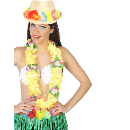 Carnaval verkleed set - Tropische Hawaii party - bloemen band strohoedje - en bloemenkrans geel