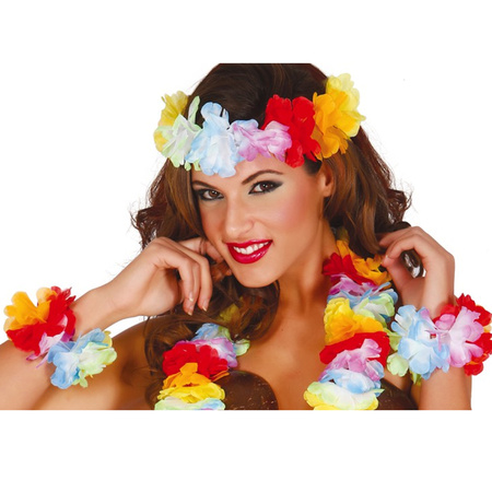 Hawaii krans/slinger set - 2x - Tropische/zomerse kleuren mix  - Hoofd/polsen/hals slingers