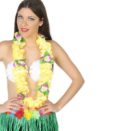 Carnaval verkleed set - Tropische Hawaii party - bloemen band strohoedje - en bloemenkrans geel