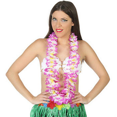 Toppers in concert - Hawaii krans/slinger - Tropische kleuren mix paars/wit - Bloemen hals slingers - verkleed accessoire