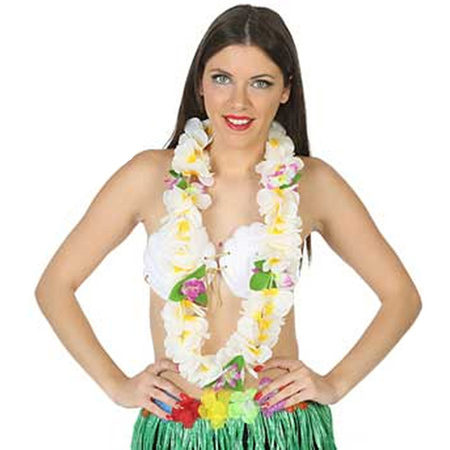 Toppers - Carnaval verkleedset - Tropical Hawaii party - stro cowboy hoed - en volle bloemenslinger wit